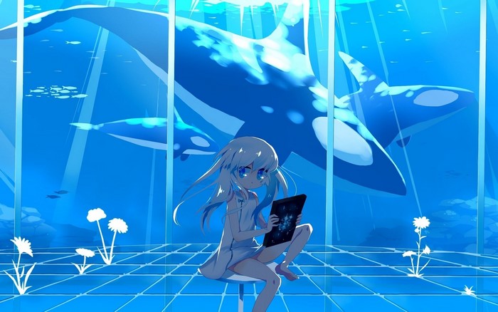 Anime girl with orcas in underwater aquarium