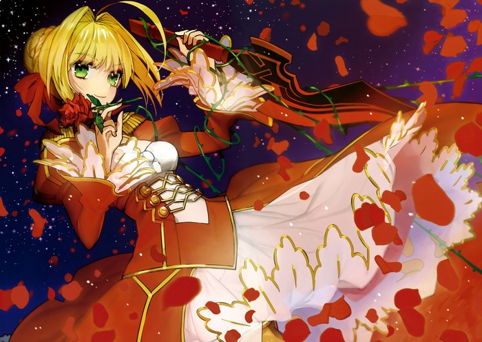 Nero Claudius from Fate/Extra holding a rose
