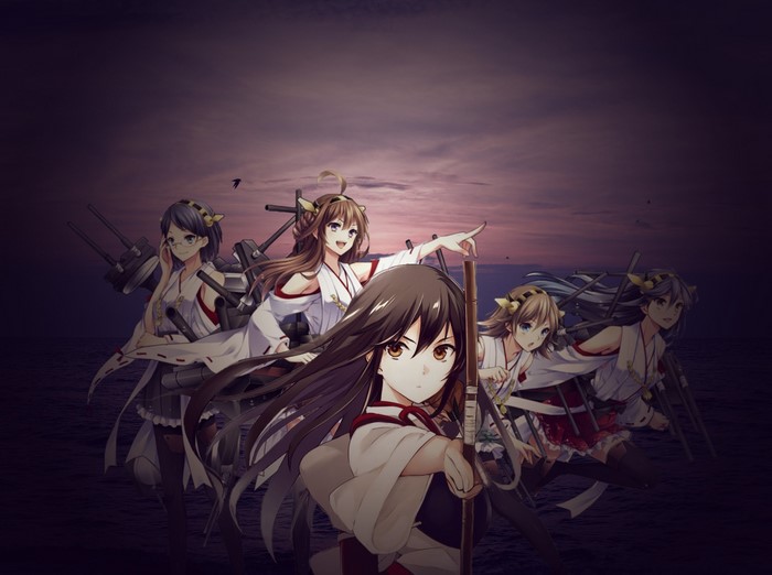 Kantai Collection anime girls on a ship at sunset