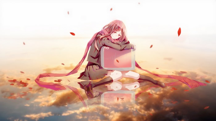 Tateyama Ayano from Kagerou Project hugging a screen