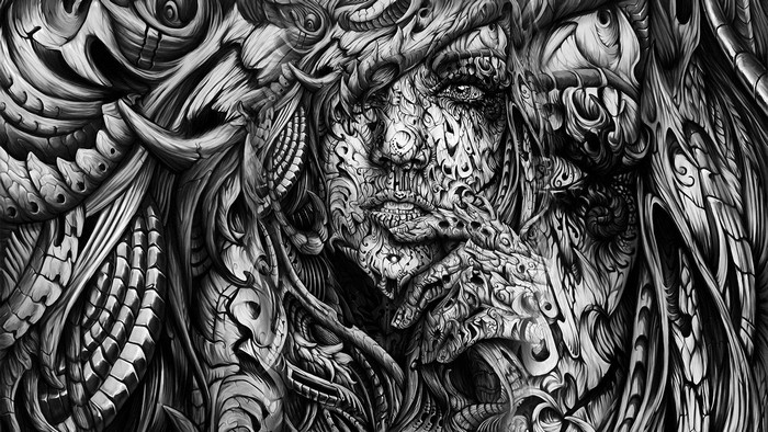 Monochrome abstract digital art of a woman's face