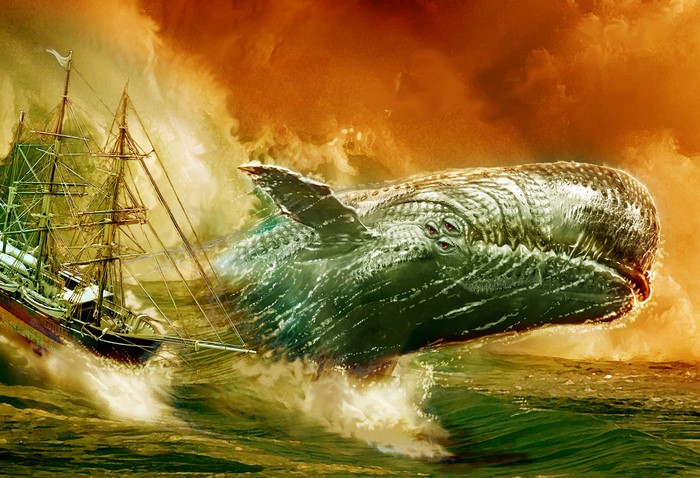 Moby Dick whale attacking a ship in stormy seas