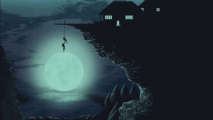 Two people climbing a rope attached to the moon
