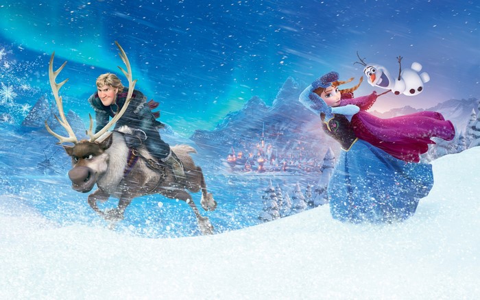 Frozen Characters Anna, Olaf, Kristoff, and Sven in Snow