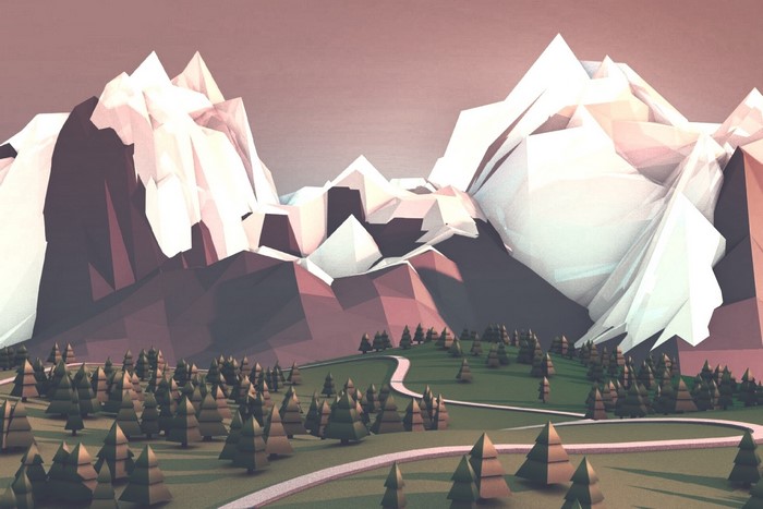 Low poly mountains with forest and winding road