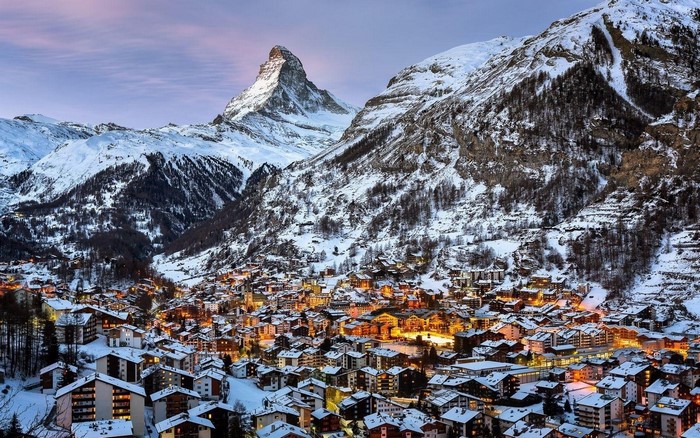 Matterhorn mountain and Zermatt town in Swiss Alps during winter