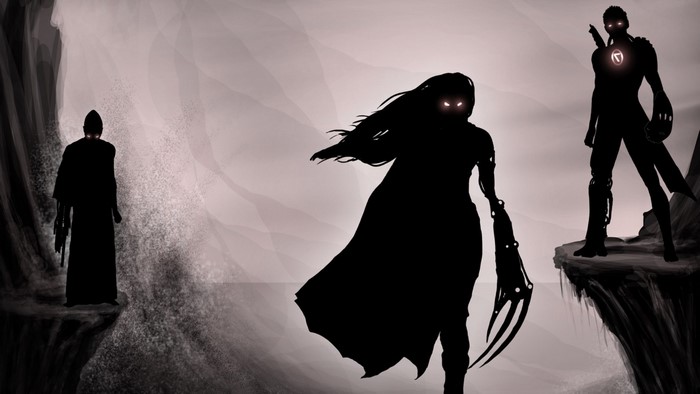 Three shadowy figures with glowing eyes on rocky cliffs