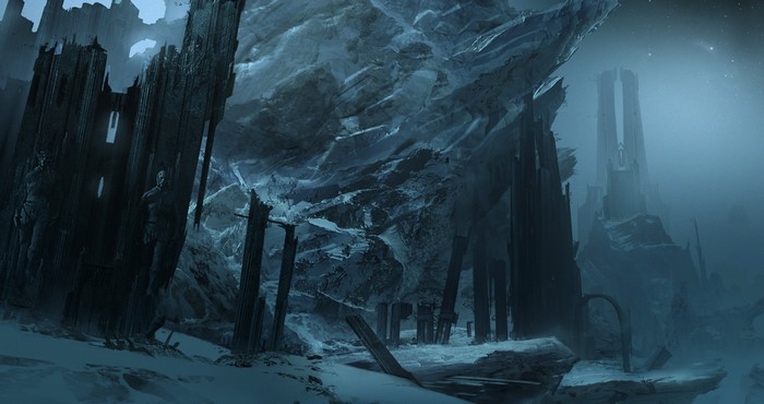 Fantasy art of a ruined icy landscape with towers