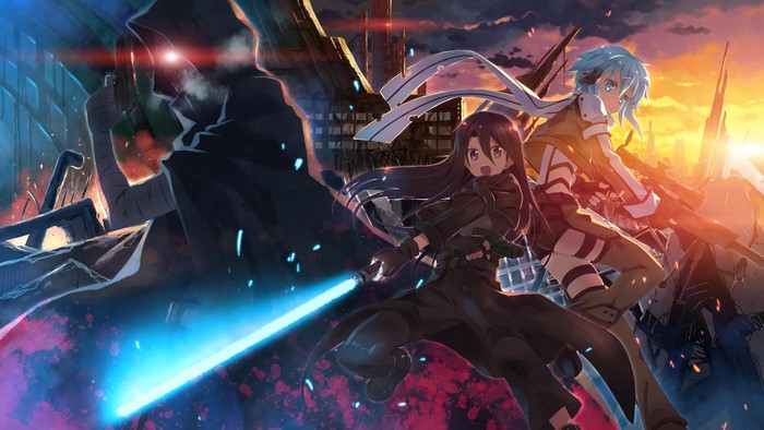 Sword Art Online: Kirito and Sinon in a ruined city