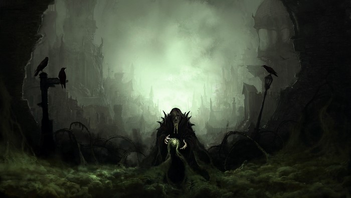 Dark fantasy art of a necromancer with ravens in ruins