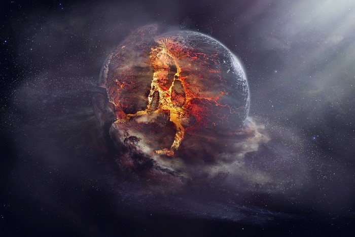 Exploding planet in outer space with stars