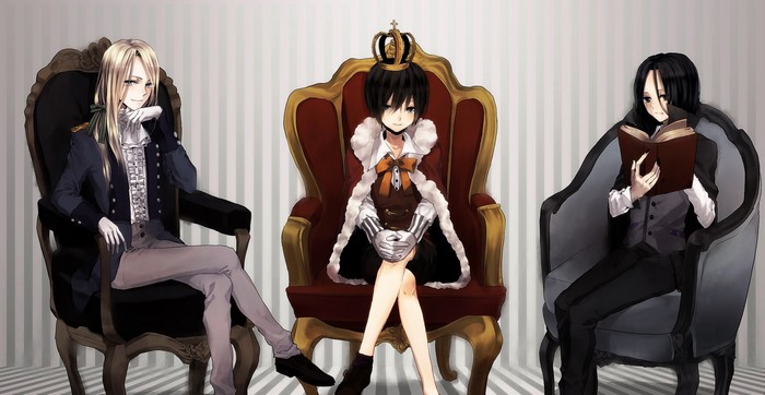 Anime characters in ornate chairs