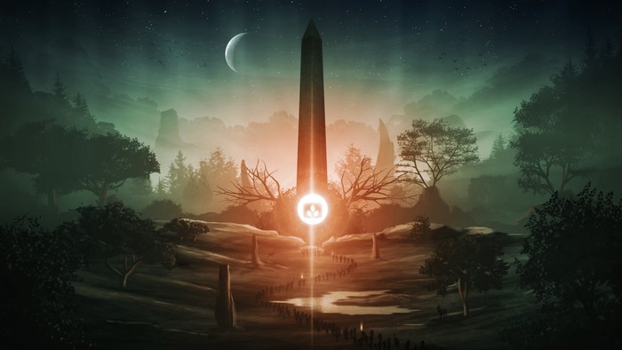 Fantasy art obelisk with moon and forest
