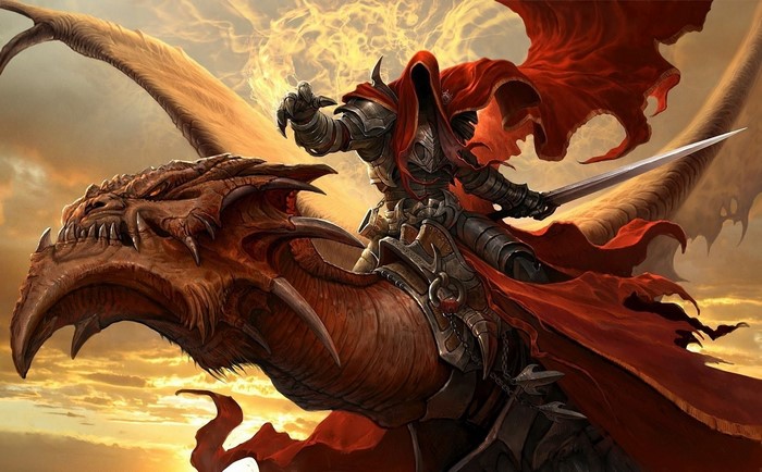 Hooded warrior riding a dragon at sunset