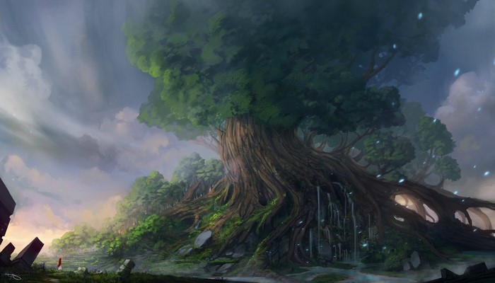 Fantasy art of a giant ancient tree with waterfalls
