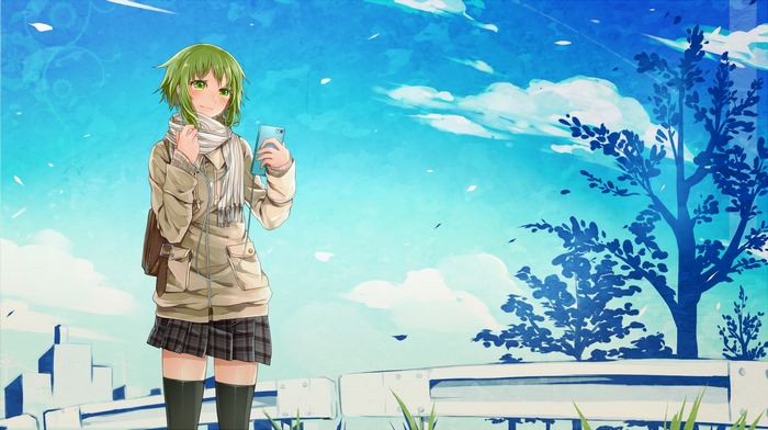 Anime girl with green hair holding a cellphone