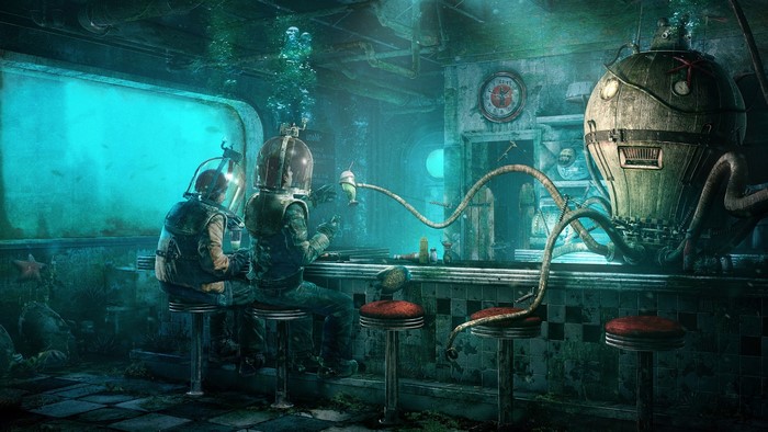 Underwater diner with divers and a strange machine