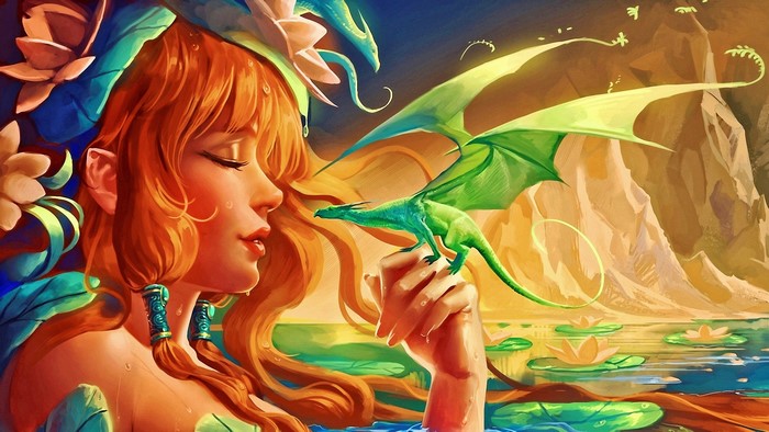 Fantasy girl with red hair and green dragon
