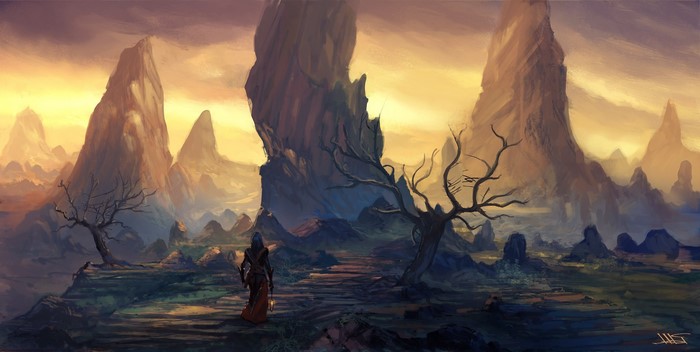 Fantasy art of a witch at sunset