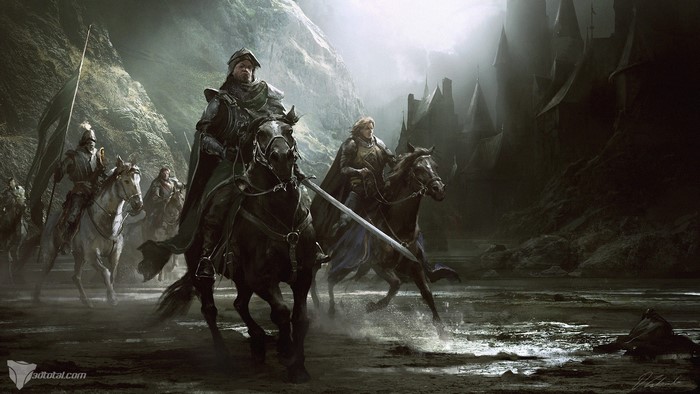 Medieval Knights on Horseback in Dark Fantasy Setting