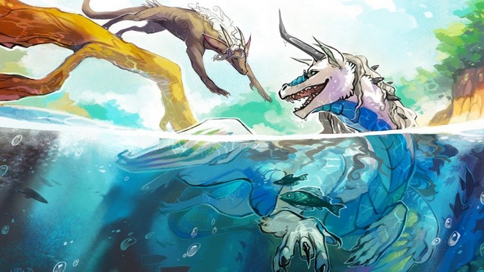 Two anthropomorphic creatures interacting in water