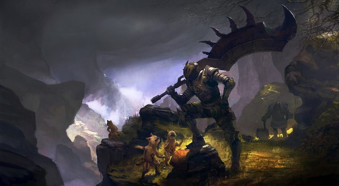 Knight with large weapon and small creatures in a cave