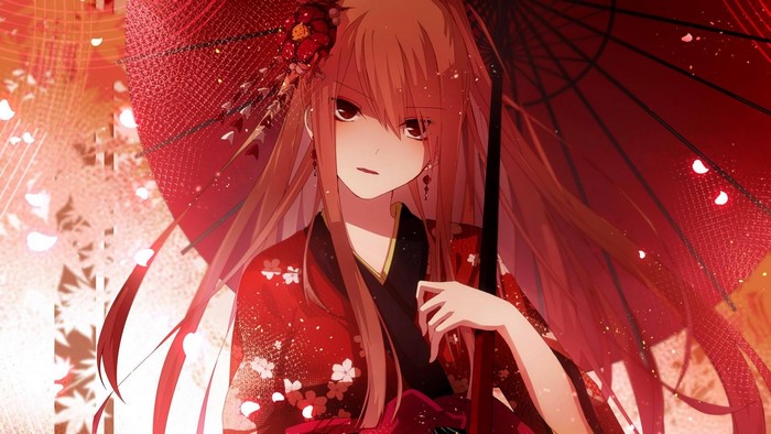 Anime girl in kimono holding a red umbrella