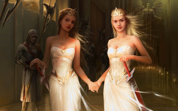 Fantasy art of blonde twins in white dresses with swords