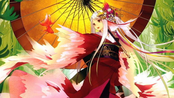 Anime girl in kimono with goldfish and umbrella