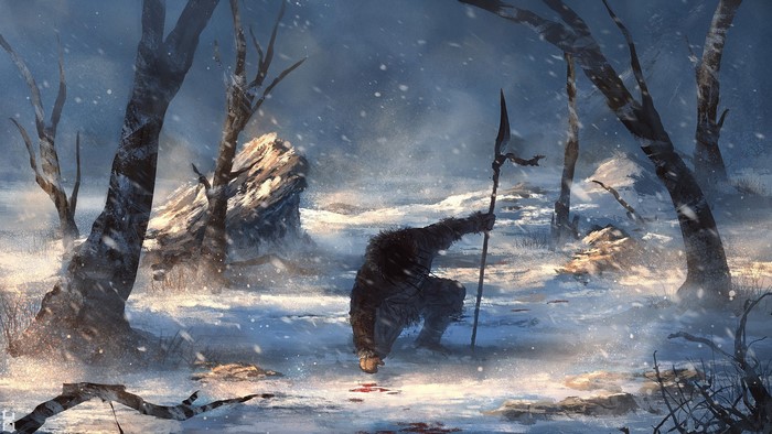 Winter Warrior with Spear in Snowy Forest