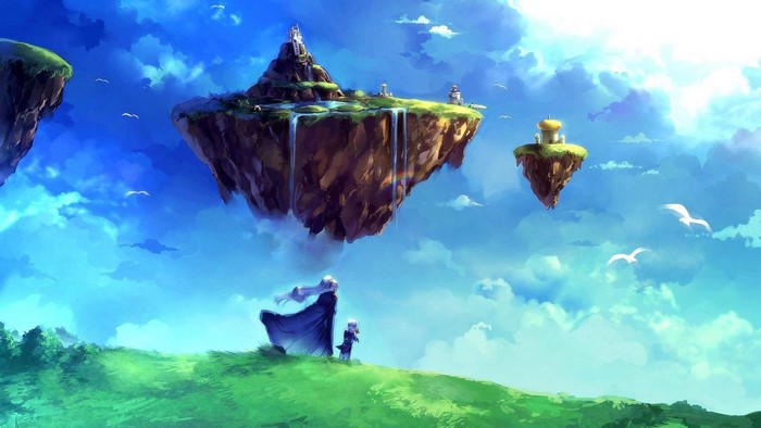 Floating islands in the sky with people and birds