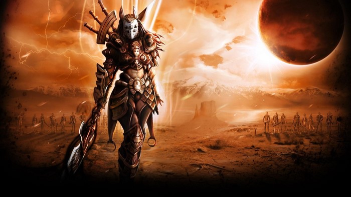 Legion Commander from Dota 2 in a fantasy landscape