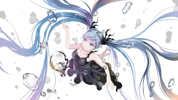 Hatsune Miku from Vocaloid surrounded by water bubbles