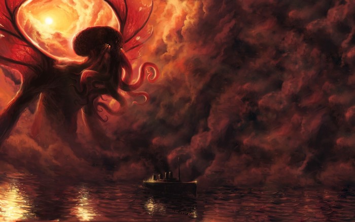 Cthulhu emerging from red clouds over a ship