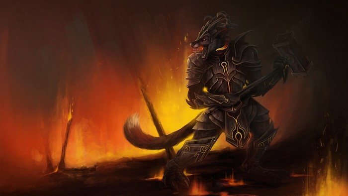 Anthro wolf warrior with hammer in fiery landscape