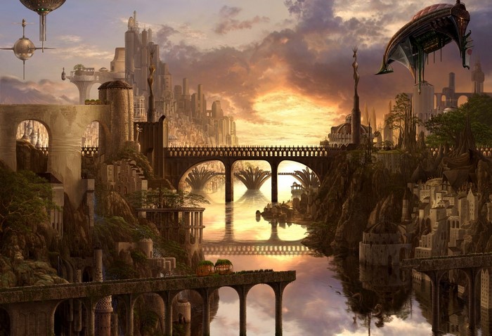 Fantasy city with bridges and river at sunset