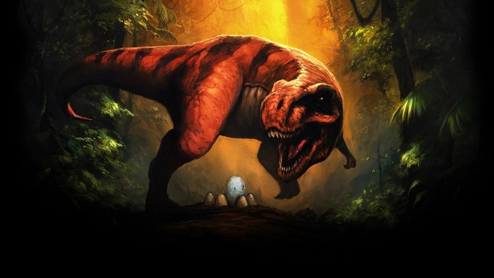 Tyrannosaurus Rex guarding dinosaur eggs in a jungle