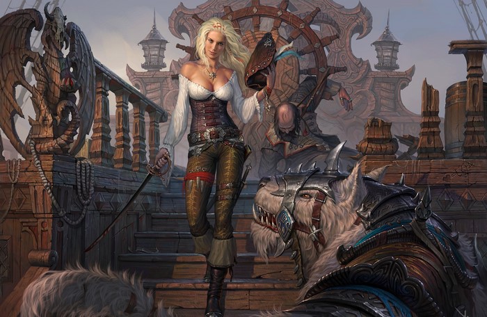 Fantasy pirate woman with sword and beast