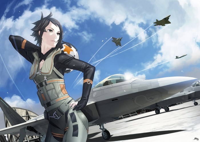 Kei Nagase from Ace Combat with F-22 Raptor jets