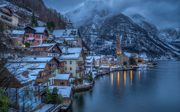 Hallstatt, Austria in Winter with Snow and Mountains