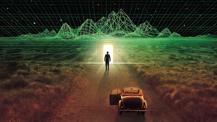 Man Walks Through Doorway in Digital Landscape