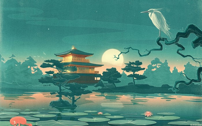 Japanese temple by a lake with a heron and lotus flowers