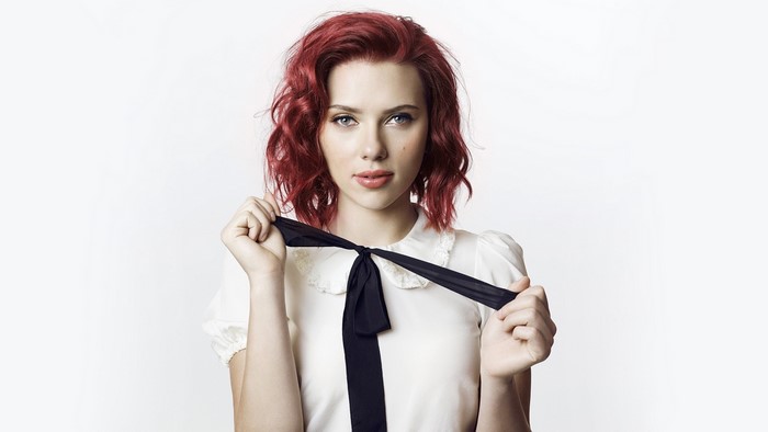 Scarlett Johansson with red hair and black bow