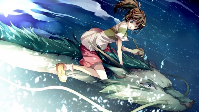Chihiro and Haku flying through the night sky
