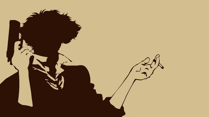 Spike Spiegel from Cowboy Bebop holding a gun and smoking