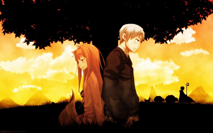 Spice and Wolf Holo and Lawrence silhouette at sunset
