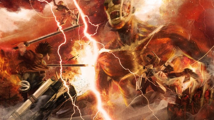 Attack on Titan: Colossal Titan battle with Eren, Mikasa, and Armin