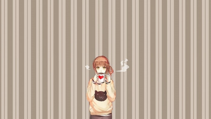 Anime girl drinking coffee with heart mug