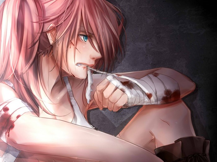 Injured anime girl with pink hair