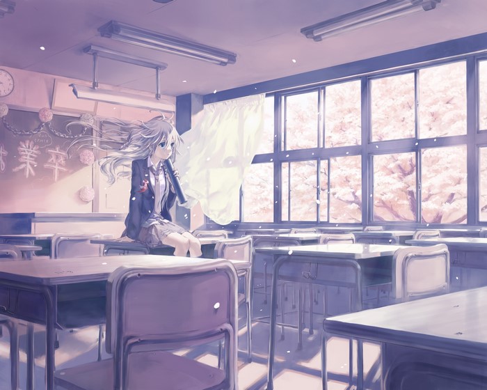 Anime girl in school uniform in classroom